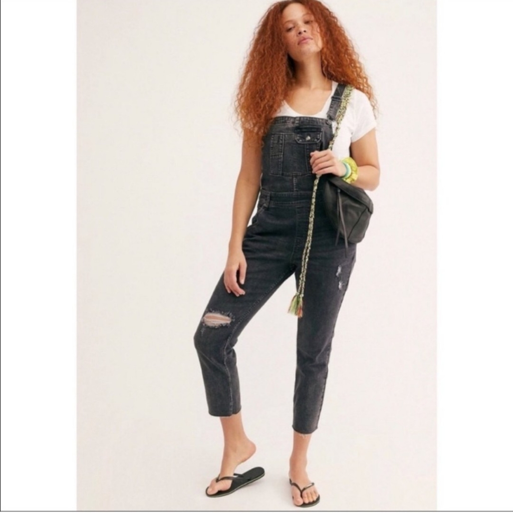 Free People Black Wash Denim Overalls